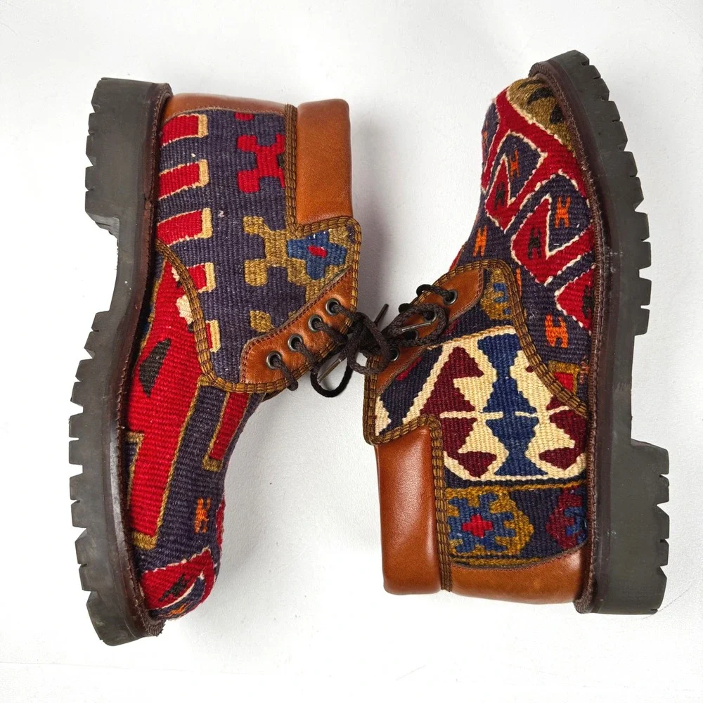 Prestige Turkish Kilim Chukka Boots Mens 9 / Womens 10.5 Wool Leather Aztec Boho